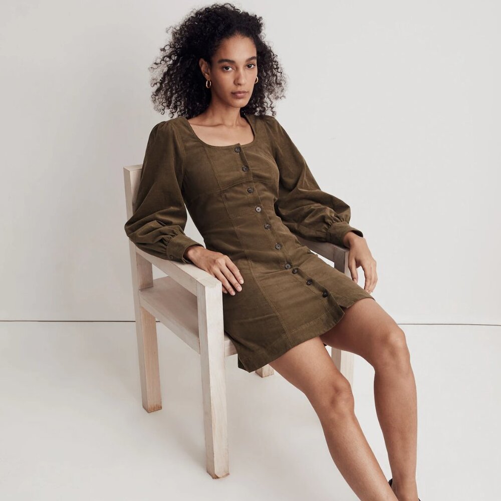Madewell Corduroy Seamed Long-Sleeve Mini Dress - Kale - Size 6